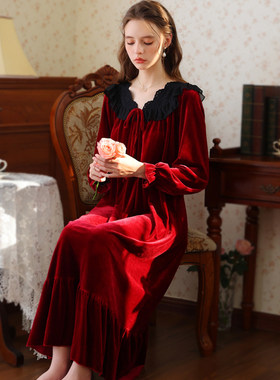 红色本命年睡衣女2025新款秋冬金丝绒法式宫廷新娘睡裙长款家居服