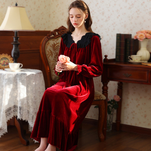 红色本命年睡衣女2025新款秋冬金丝绒法式宫廷新娘睡裙长款家居服
