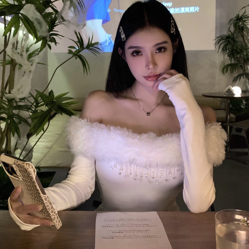 SHINESTING 水钻一字肩毛绒拼接上衣女纯欲风收腰显瘦内搭打底衫