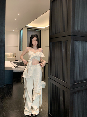 夏季蝴蝶结系带套装吊带阔腿裤