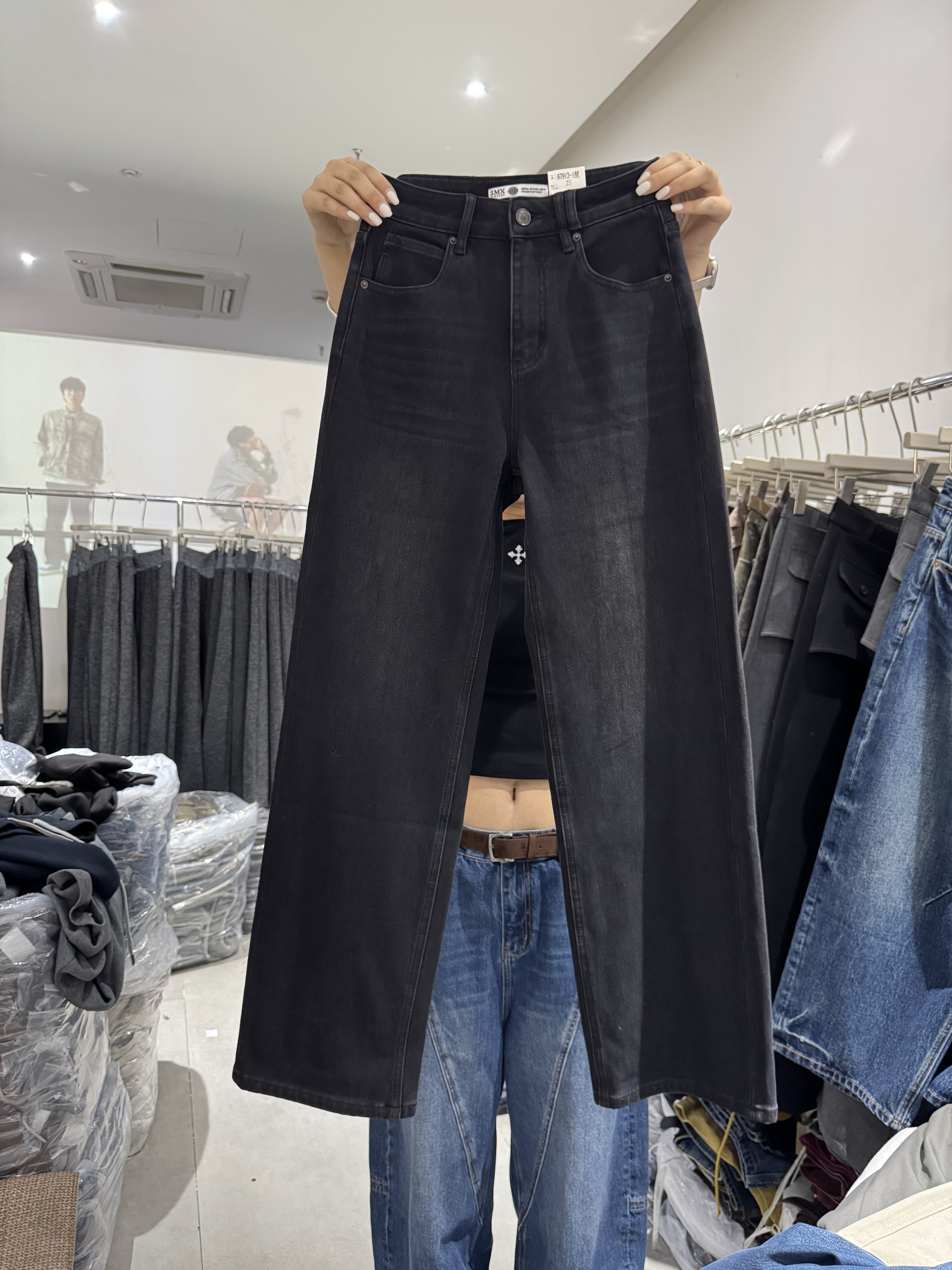 SMX67913-1欧货秋冬新款时尚高腰显瘦百搭抓毛弹力直筒牛仔裤女潮