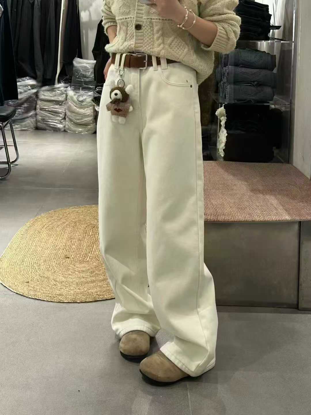 欧货jeans 冬季加绒配挂件窄版阔腿裤直筒牛仔裤2025冬季新款百搭