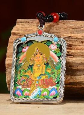 新品西藏黑金唐卡吊坠手绘黄财神观音弥勒佛项链嘎乌盒复古毛衣链