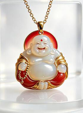 金釉莲弥勒佛笑口常开吊坠项链