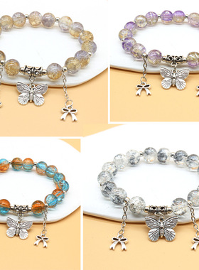 国风蝴蝶仿琉璃冰裂彩珠手链