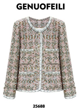 2025秋季气质时尚名媛高端设计感粗花呢编织圆领小香风外套 25688