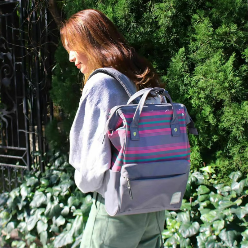 日本潮牌双肩包条纹离家出走包口金包backpack学生书包背包妈咪包