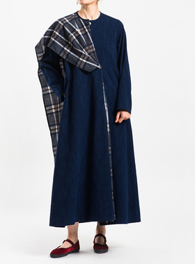 城市山民UrbanTribe女式植物蓝染围巾领宽松连衣裙CF99209