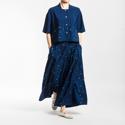 城市山民UrbanTribe女式人丝植物蓝染印花宽松裙裤CF79255