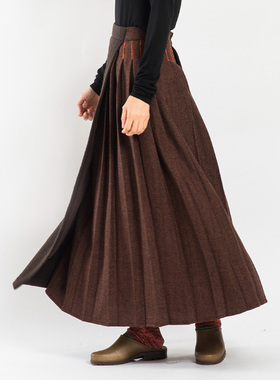 城市山民UrbanTribe2025冬女式羊毛色织拼接褶裙CF89182