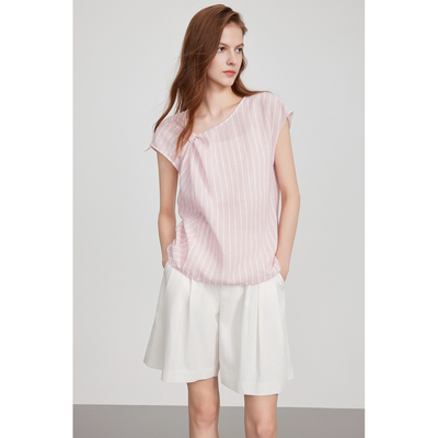 汉服粉色条纹斜领短袖T恤女2025夏季新款宽松显瘦高级感上衣