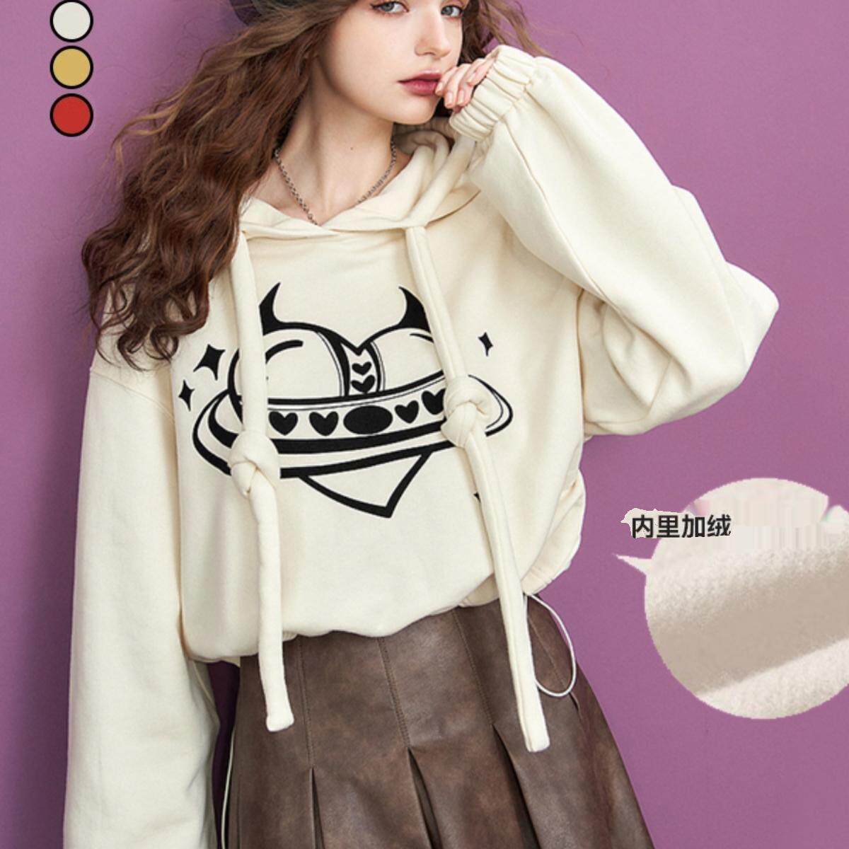 加绒短款连帽卫衣女2025秋冬新款多巴胺小个子宽松长袖套头上衣潮