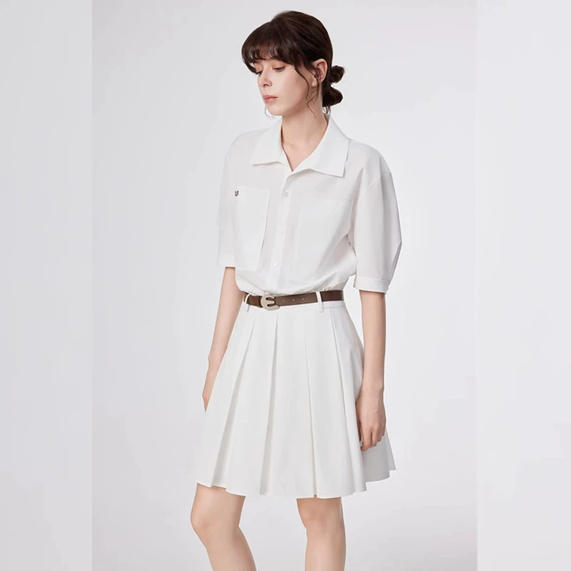 汉服白色通勤风衬衫连衣裙女2025夏季新款莱赛尔天丝收腰百褶短裙