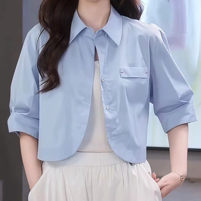 汉服法式通勤风短款蓝衬衫女2025夏季新款设计感宽松休闲衬衣上衣