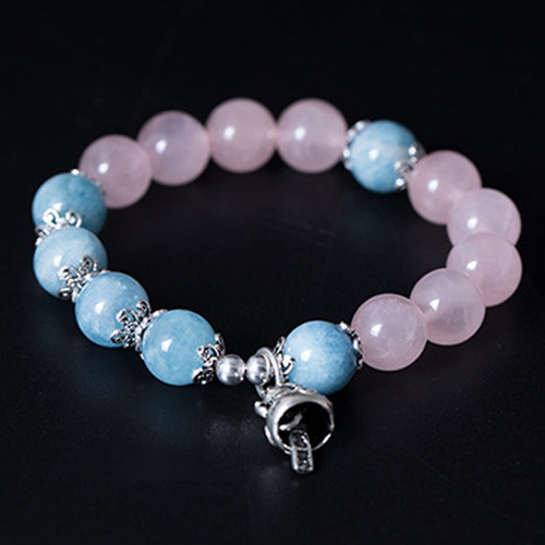 天然海蓝宝粉晶水晶手链女纯银韩版ins小众设计复古风闺蜜多层