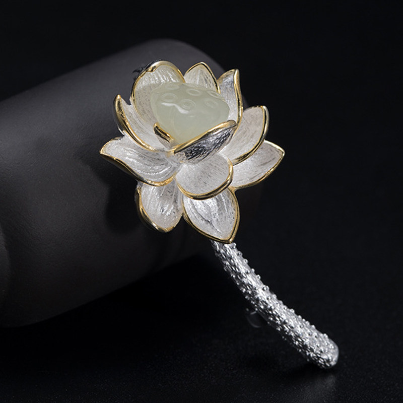 玉石莲花INS潮纯银高档复古胸花