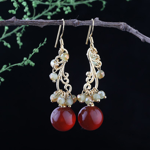 红玛瑙耳环女韩国纯银长款流苏时尚复古个性百搭红色日韩耳坠吊坠