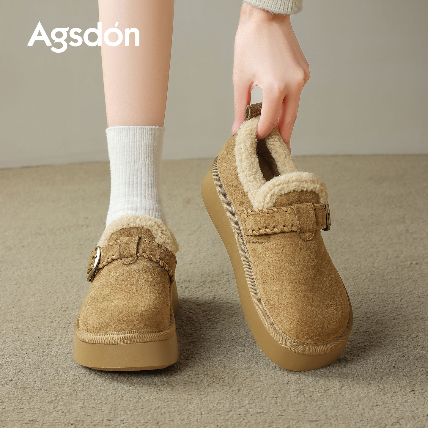 奥古狮登加绒勃肯鞋女2025新款秋冬季厚底毛毛棉鞋子外穿雪地靴子