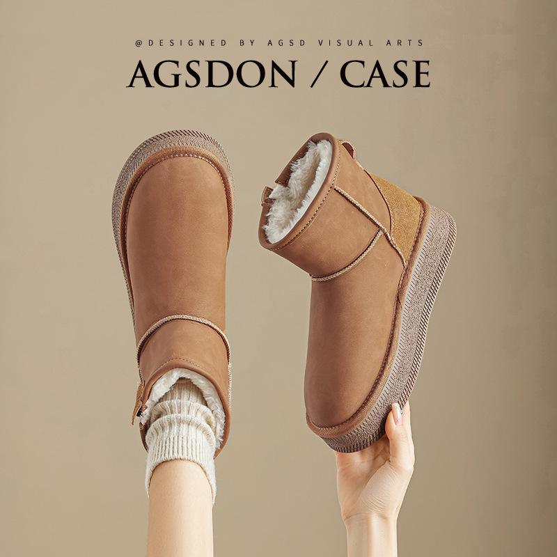 奥古狮登雪地靴女冬款加绒厚底户外大棉鞋子一脚蹬保暖毛毛短靴潮