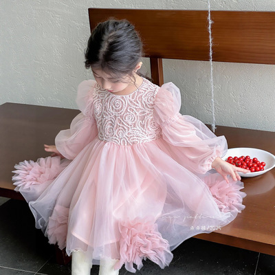 女童连衣裙2025秋季新款绝美超大摆粉色网纱蓬蓬裙周岁礼服公主裙