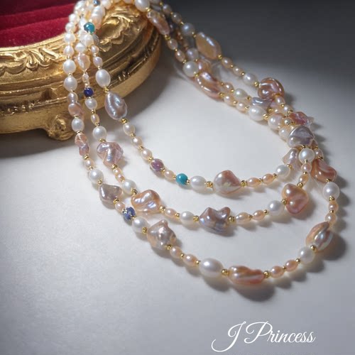 「珠糖星云 」淡水巴洛克珍珠彩宝毛衣链糖果色多圈氛围感项链