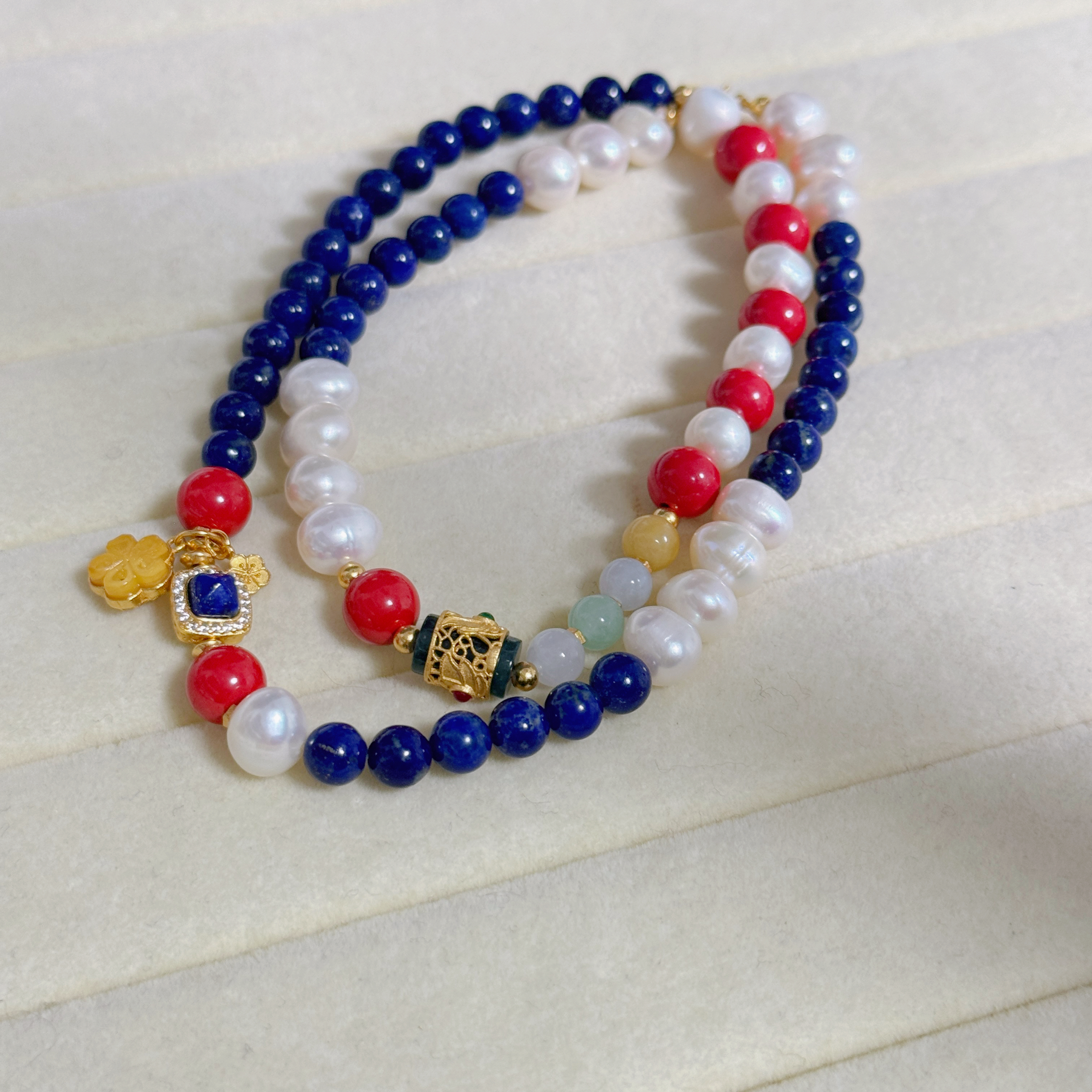 《朱华青瑶》新中式复古风项链手链二用款青金石朱砂珍珠纯银配