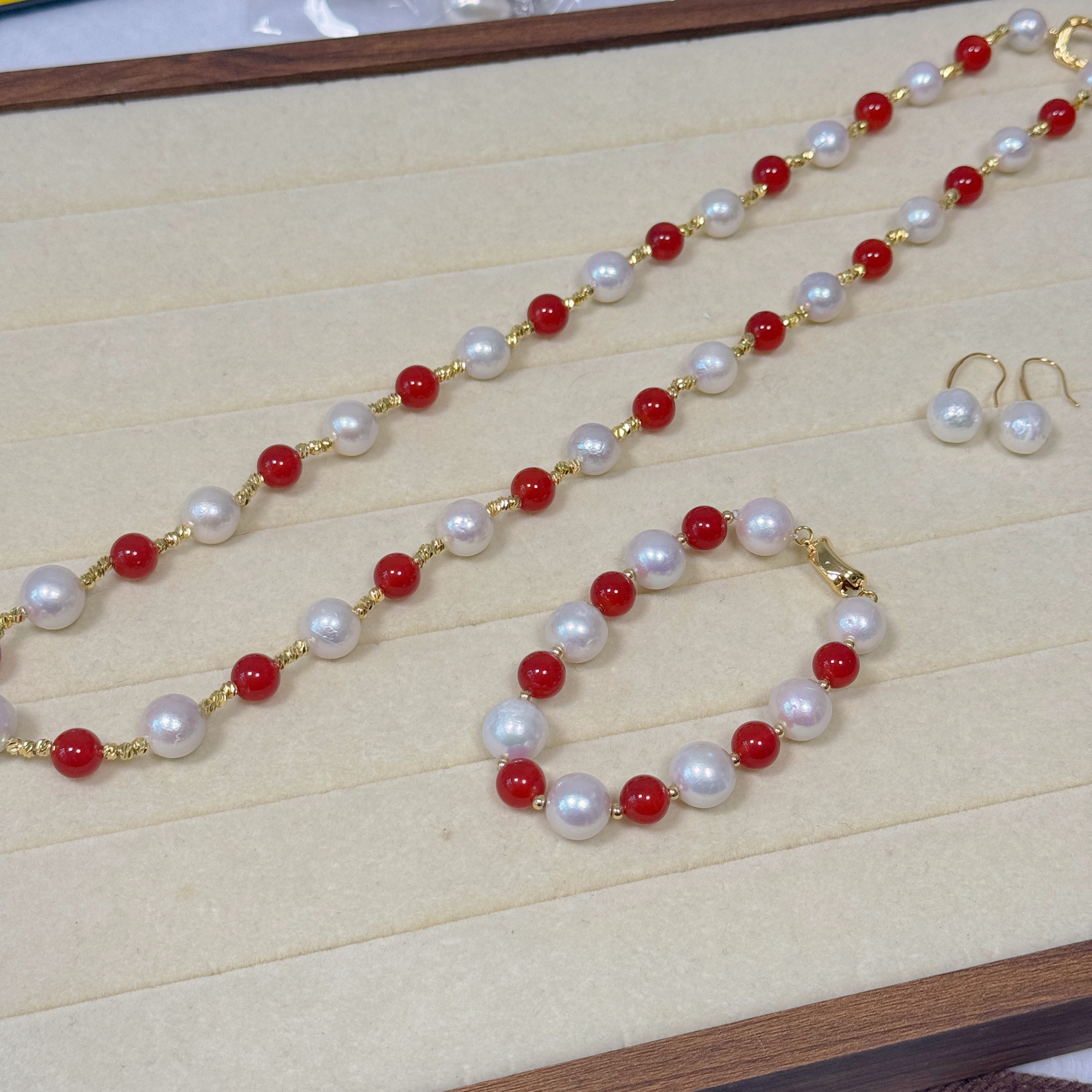 【新年圣诞三件套】天然淡水爱迪生珍珠项链红色玛瑙长链手链耳环