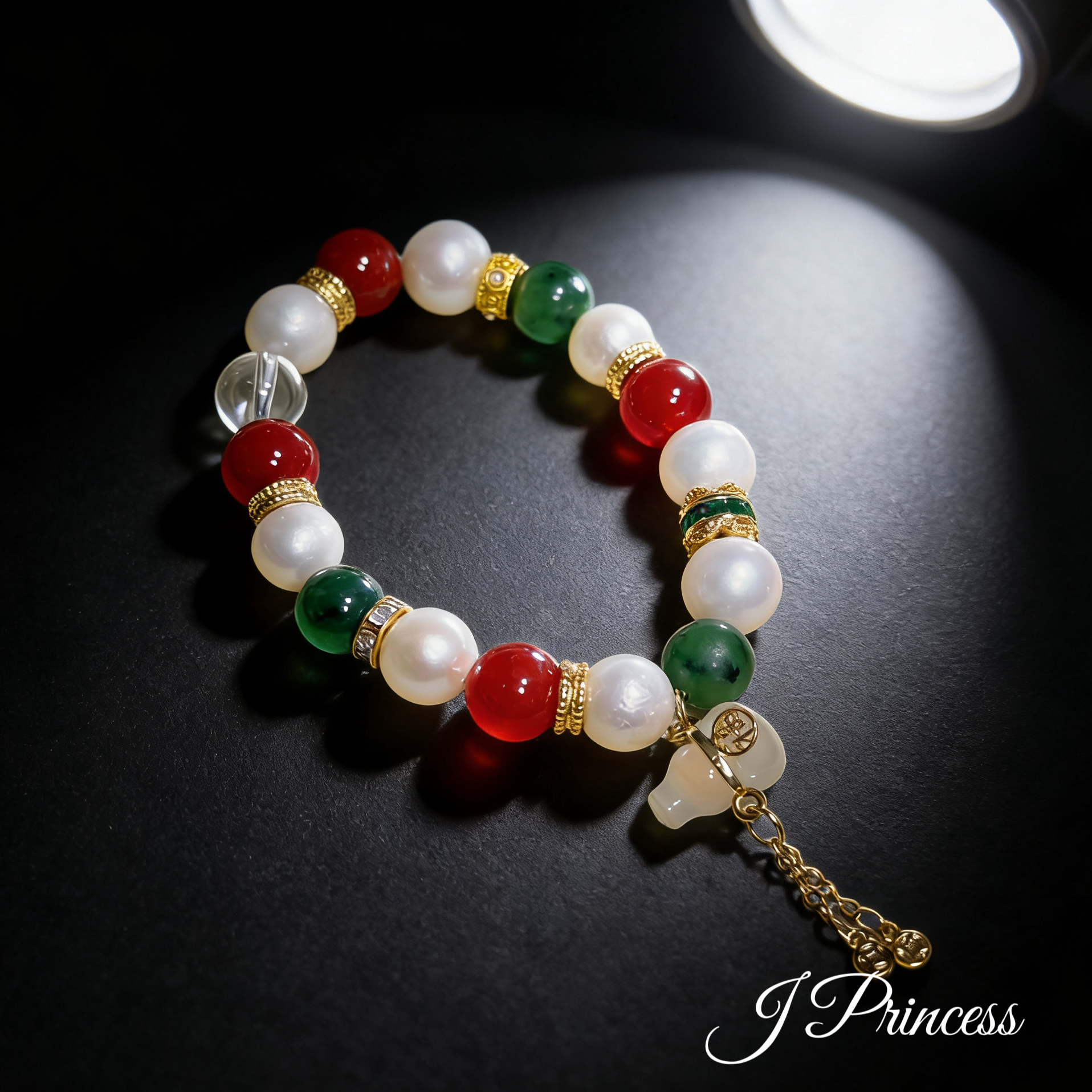 「丹珠映碧瑶」红玛瑙和田碧玉淡水珍珠设计款手串手链高品质