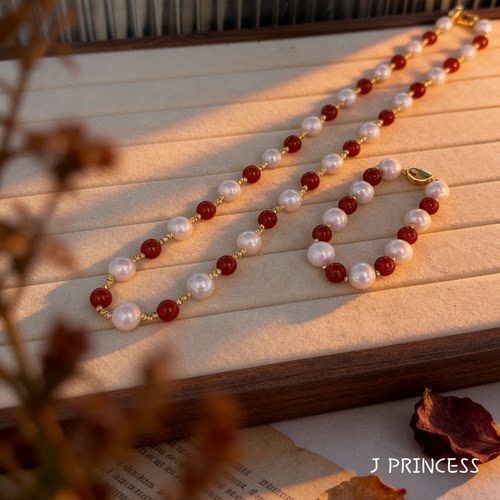 J PRINCESS·红玛瑙设计款天然淡水珍珠项链手链二件套孤品套装