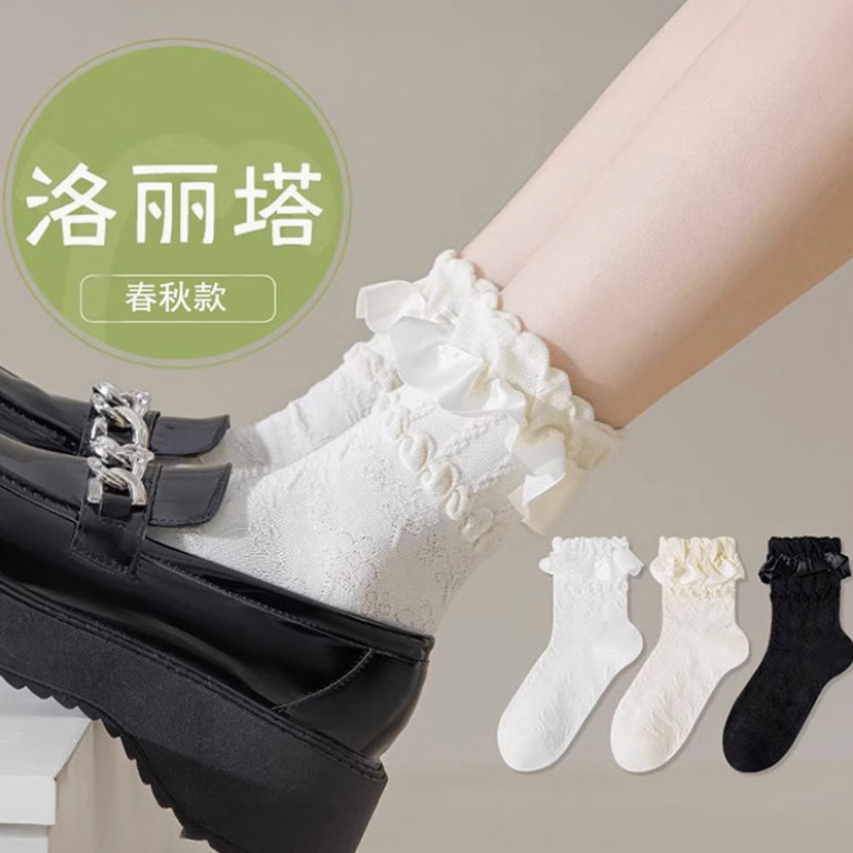 洛丽塔白色蕾丝花边袜子女Lolita夏季薄款jk中筒配乐福鞋公主袜棉