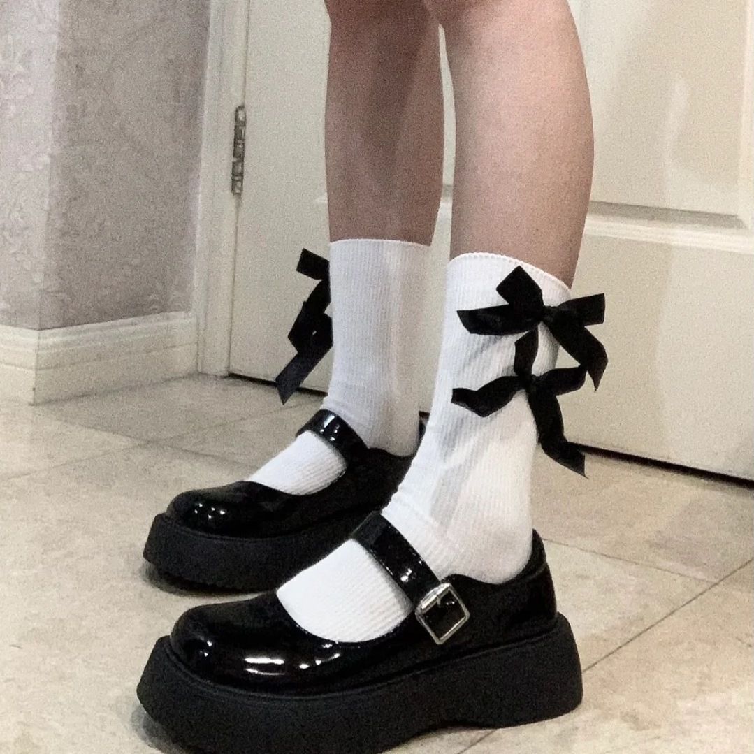日系洛丽塔女蝴蝶结袜子jk白色中筒袜配小皮鞋少女堆堆袜夏季薄款