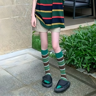 mona同款 复古潮流 袜子女春夏百搭撞色绿色条纹小腿袜中筒袜个性