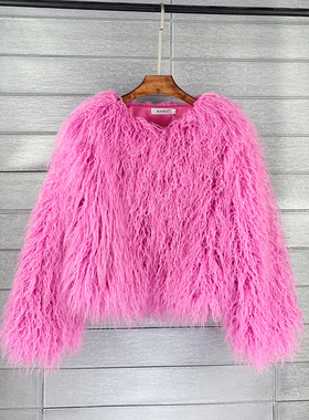 2025年新款橙色滩羊毛秋冬女长袖短款时尚皮草外套海宁仿毛羊羔毛