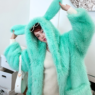 薄荷绿环保皮草长款宽松可爱兔兔耳朵连帽毛毛外套女托卡口袋大衣