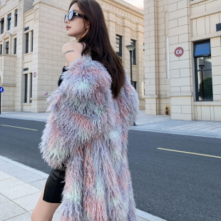 爱璐宝丹欧美仿滩羊毛长款大衣西服翻领个性皮草外套女新品特价