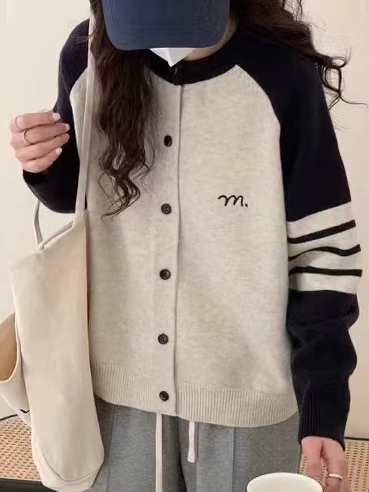 初中学生卡通拼色针织开衫毛衣 少女大童宽松春装 高中生外套上衣