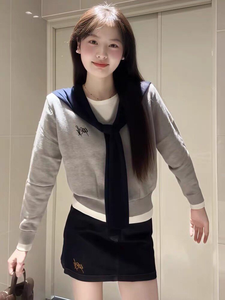 韩系chic学院风假两件披肩针织上衣女早秋新款小个子撞色刺绣毛衣
