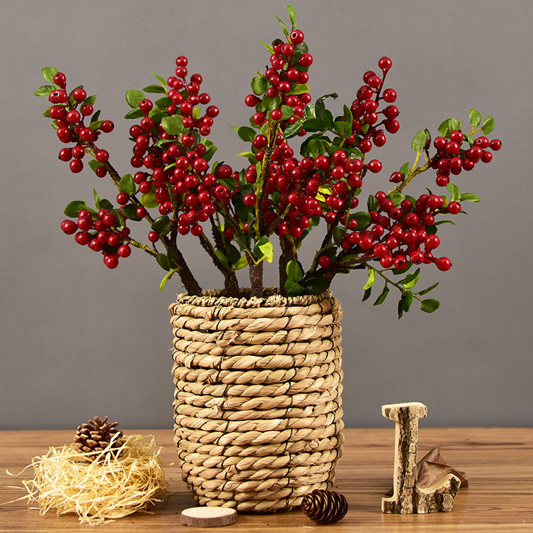 仿真红色浆果发财果相思果带叶树枝假花中式家居装饰创意野果摆件