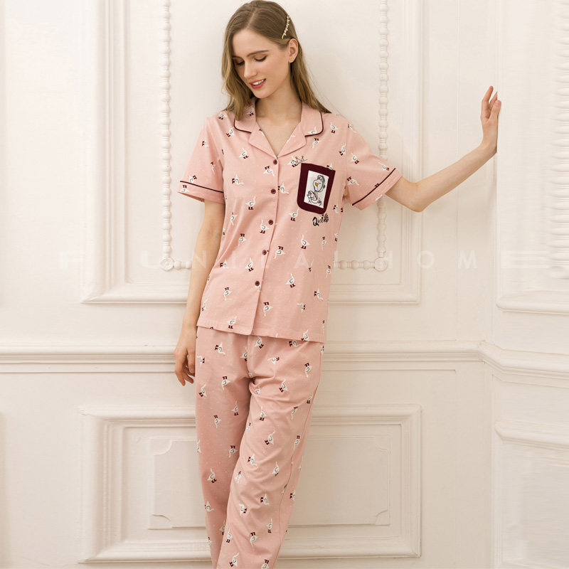 富妮来2025春夏女款纯棉开襟印花甜美长裤短袖家居服睡衣F-A6862