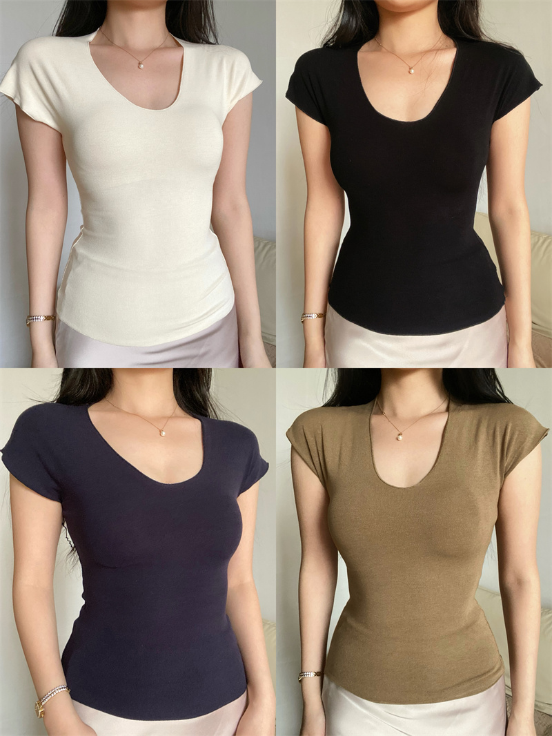 夏季新款女士V领露锁骨紧身气质螺纹薄上衣短袖弹力显瘦纯欲风T恤
