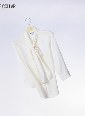 white collar白色飘带领前片压条圆摆七分袖衬衫 SS23-201-1