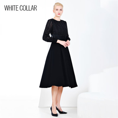 白领黑色蕾丝车条缝珠下拼净色圆领黑色腰封长袖连衣裙GNY21-301