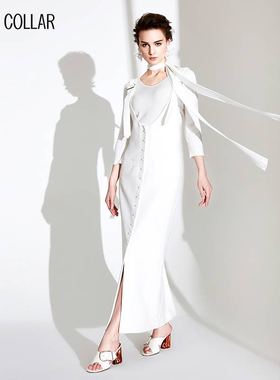 白领白色双肩带前中多扣背带裙GNBJ17-305