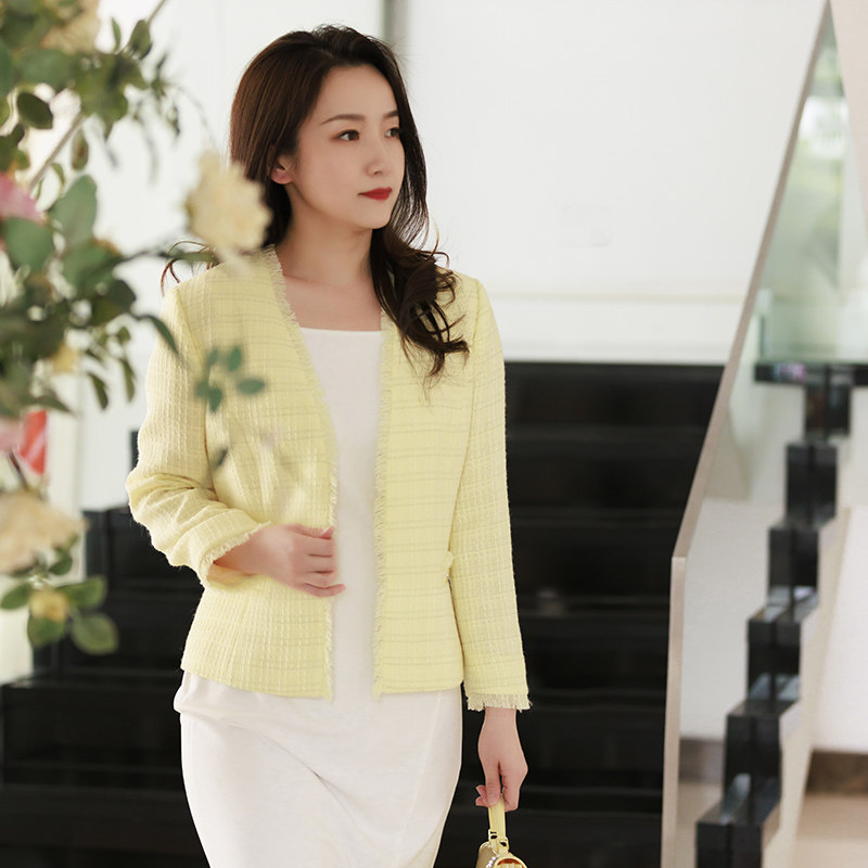 white collar黄色格v领流苏九分袖上衣huangsg23-601