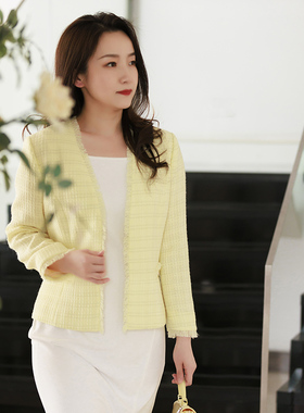 white collar黄色格V领流苏九分袖上衣HUANGSG23-601