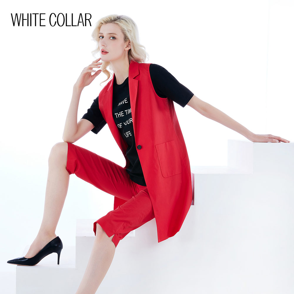 白领女士红色棉西服一粒扣贴袋