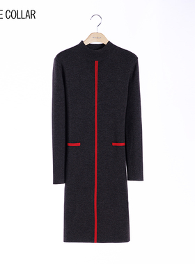 white collar秋冬深灰羊毛拼红竖条立领长袖连衣裙WOO20-305