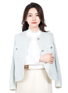 white collar浅绿点圆领镶织带双兜小香风九分袖上衣QIANLD0FA602