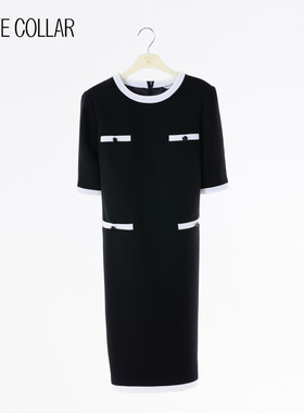 white collar黑色拼白边圆领四兜中袖连衣裙OL-BLK23-301