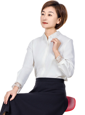 white collar白色水溶方领袖口暗门襟九分袖衬衫CHENSH0FA209